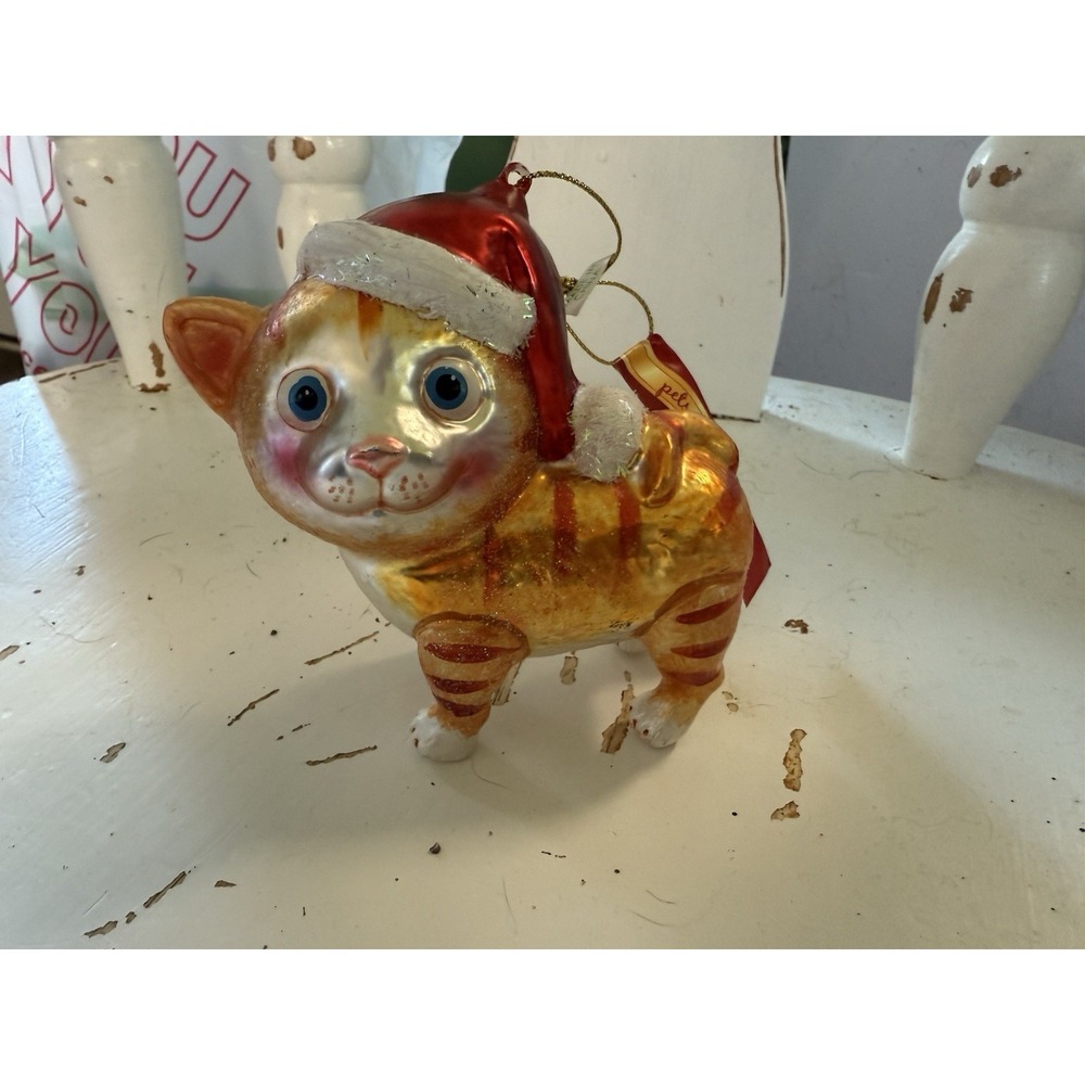 Christmas Ornament Santa Hat Glass Rauch Orange Stripped Cat Blue Eyes